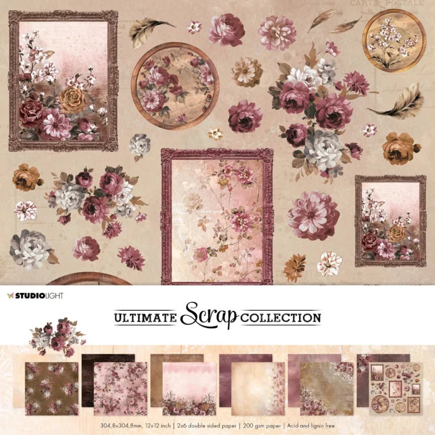 Set Scrapbooking Fleurs Vintage & Bois Studio Light 30x30cm